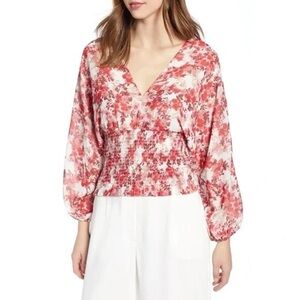 Revolve Wayf Women's Blouse Floral Print Smocked Waist Top Pink Red V-neck